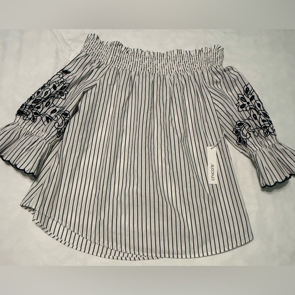 Chico’s Off-Shoulder Slim Stripe Poplin Tunic 3/4 sleeve size  25 US 14 NWT - Picture 2 of 5